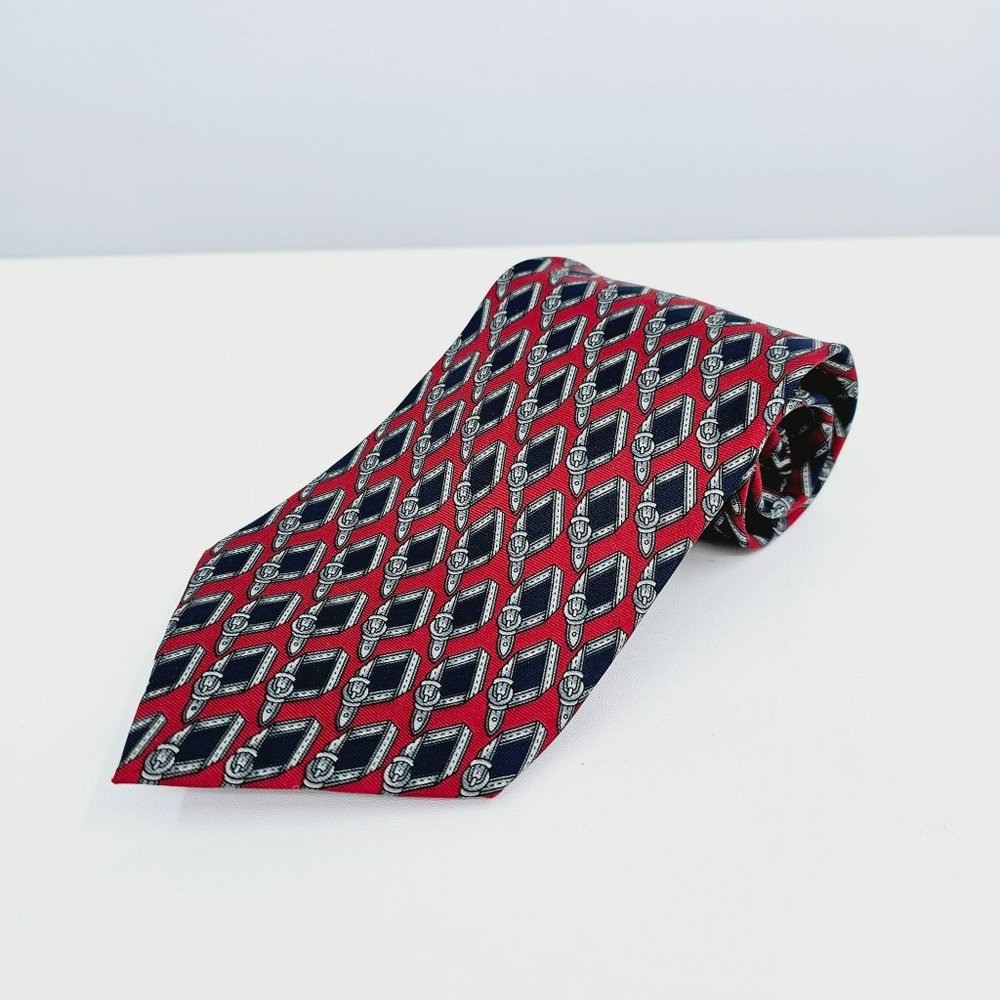 Masetti Silk Tie Belt Print Red Blue Geometric USA Made Gift Classic Office Work